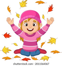 Cartoon Little Girl Throwing Autumn Leaves