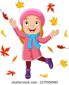 Cartoon little girl throwing autumn leaves