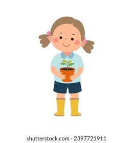 Cartoon little girl with tree seedling in pot