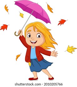 Cartoon little girl with umbrella and autumn leaves