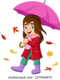 Cartoon little girl with umbrella and autumn leaves
