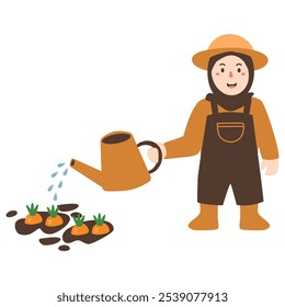 Cartoon little girl watering young plant
