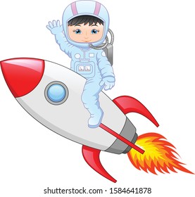 Cartoon little girl an wearing astronaut costume on a rocket