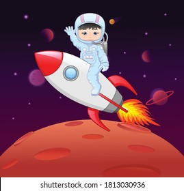 Cartoon little girl an wearing astronaut costume on a rocket
