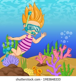 Cartoon little girl wearing diving mask swims underwater