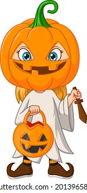 Cartoon little girl wearing halloween pumpkin costume