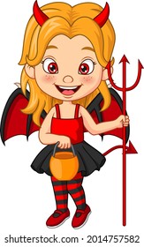 Cartoon little girl wearing halloween devil costume holding pitchfork