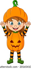 Cartoon little girl wearing halloween pumpkin costume