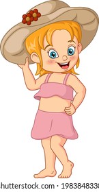 Cartoon little girl wearing swimsuit and hat