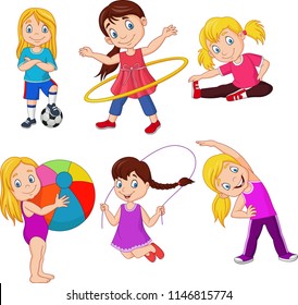 Cartoon little girls with different hobbies