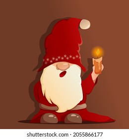 A cartoon little gnome at night holds a burning candle in his hand and yawns. Gnome in New Year's clothes, santa claus costume.