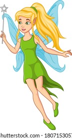 Cartoon little green fairy holding magical star wand