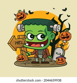 Cartoon little green monster holding pumpkin lantern with little ghost pumpkins on creepy halloween background