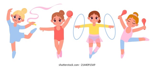 Cartoon little gymnast girls. Kids exercising with hoop, ball and clubs. Cute children having rhythmic gym workouts, taking part in competition. Moving actively, sport class vector set