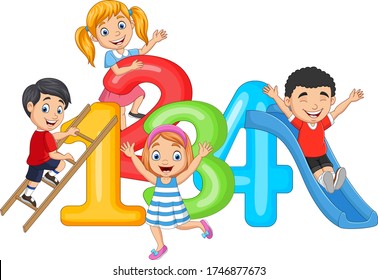 Cartoon little happy children with numbers