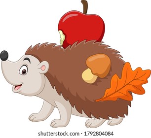 Cartoon-Hedgehog trägt einen Apfel mit Pilz und Blatt auf seinem Rücken