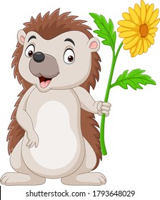 Cartoon little hedgehog holding a flower