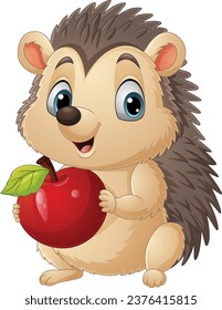 Cartoon little hedgehog holding red apple