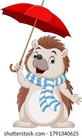 Cartoon little hedgehog in a scarf with umbrella