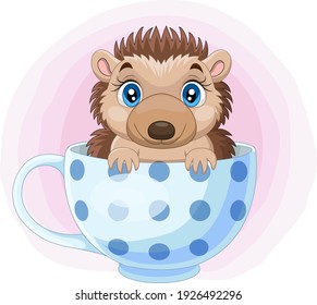 Cartoon little hedgehog sitting in the cup