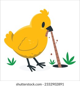 Cartoon little hens eat. Chicken eats a worm Farm animals. Vector illustration. A chicken and a worm. Cute Chicken Eating Worm and Sitting. 2024