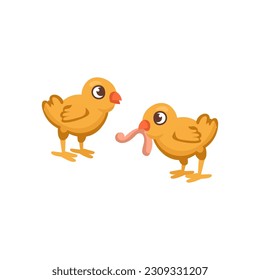 Cartoon little hens for kids. Chicken eats a worm
 Farm animals.Vector illustration