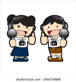 Cartoon little journalist with microphone, Vector illustration in flat style
