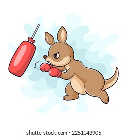 Cartoon little kangaroo is practicing boxing on a white background