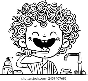 Cartoon little kid brush their teeth, hygiene procedures, daily routine. Outline children healthcare vector illustration