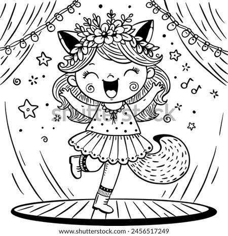 Cartoon little kid girl actor in a fox costume acting at the stage in a theater studio. Children creative activities outline illustration