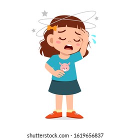 Cartoon Little Kid Girl Get Bad Headache