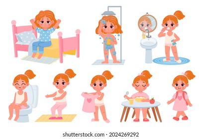 Cartoon Little Kid Girl Home Daily Routine. Cute Child Dress, Shower, Eat Breakfast And Exercise. Children Morning Healthy Habits Vector Set. Illustration Of Routine Kid, Hygiene And Toilet