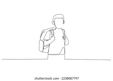 Cartoon of little kid with his book bag. One continuous line art style
