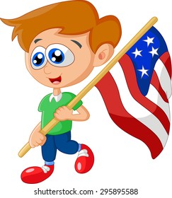 Cartoon little kid holding american flag
