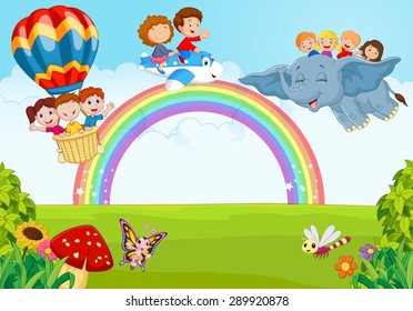 Cartoon little kid on the rainbow