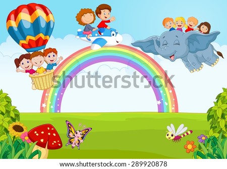 Cartoon little kid on the rainbow