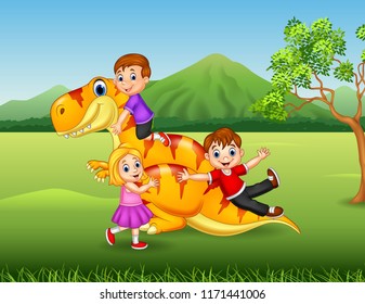 Cartoon little kid playing with a dinosaur in the jungle