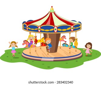 Cartoon little kid playing game carousel with colorful horses 