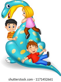 Cartoon little kid playing on the dinosaur