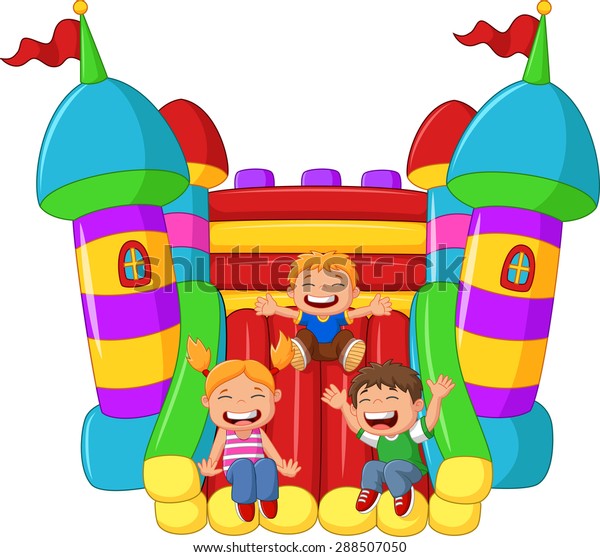 cartoon little kid playing slide on the inflatable balloon