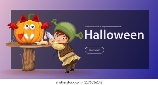 Cartoon little kid preparing for All Hallows Eve poster. child dressed in costume shrek carving Halloween pumpkin vector illustration template design with promo text elements in colorful background. svg