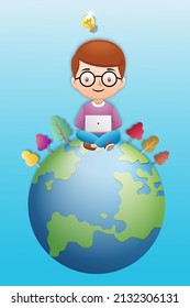 Cartoon of little kid sitting on earth globe operating laptop with trees and lightbulb on his head
