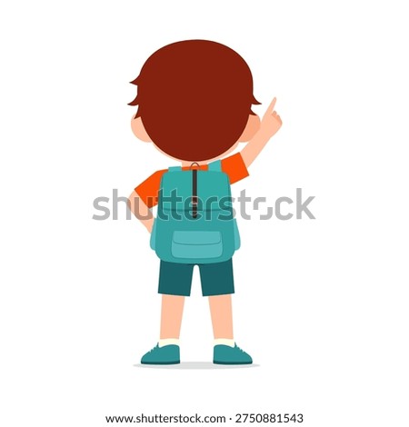 Cartoon little kid standing back view pointing finger up wearing a blue school backpack