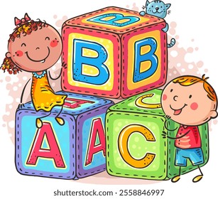 Cartoon little kids with alphabet blocks, children education toys abc blocks, learn together, concept early development