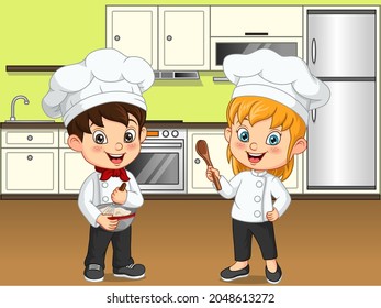 Cartoon little kids cooking in the kitchen