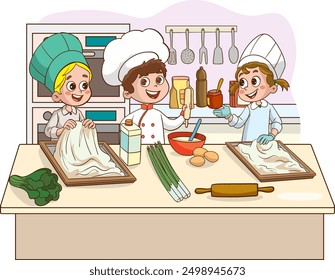 Cartoon little kids cooking in the kitchen