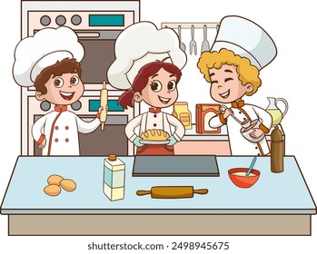 Cartoon little kids cooking in the kitchen