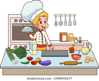 Cartoon little kids cooking in the kitchen