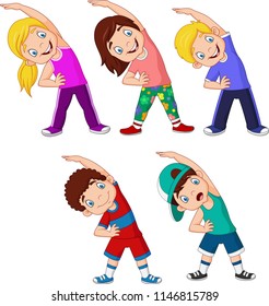 Cartoon little kids exercising on white background