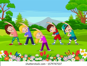 Cartoon little kids exercising in the park